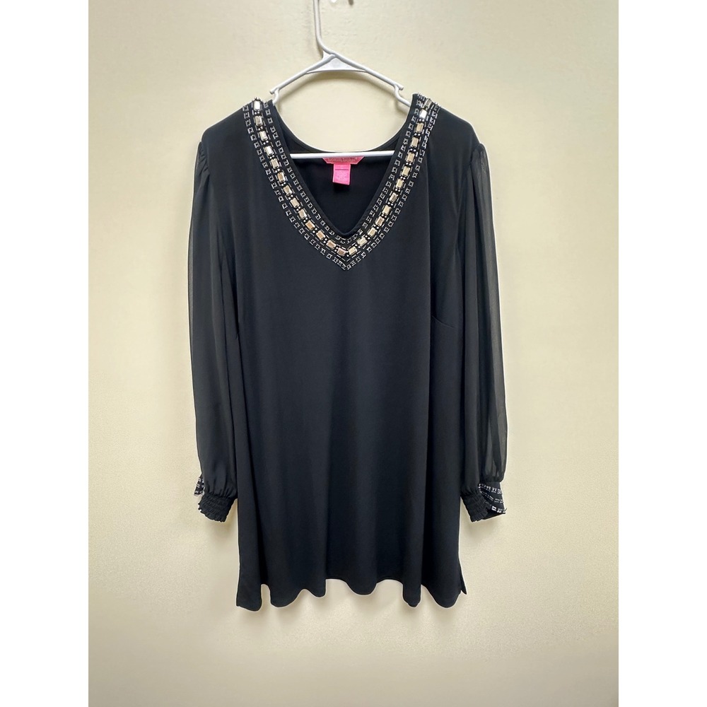 Woman Within Black Embellished V-Neck Tunic Top Sheer Long Sleeve Plus Size 1X